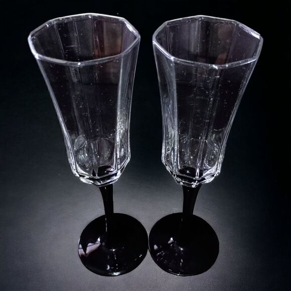 2 Luminarc Arcoroc Octime Domino Champagne Flutes Glasses France Set Black Stem. - Picture 4 of 16